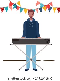 young man with piano keyboard on white background