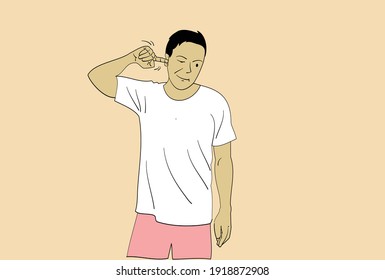 Young man picking his ear with his finger. Hand drawn style vector.