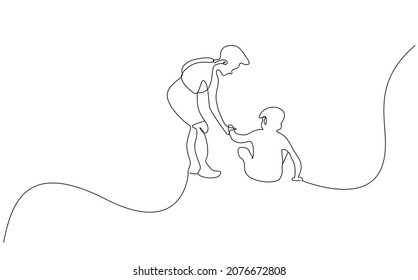 Young man picking up his fallen friend. The person who extends his hand to the person sitting on the ground. teamwork concept