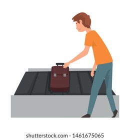 Young Man Picking Up His Suitcase on Luggage Conveyor Belt at Airport Vector Illustration