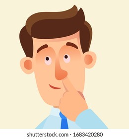 A young man picks his nose. Bad manners, habits.  Vector illustration, flat design, cartoon style, isolated background.