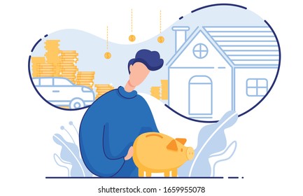  Young Man with Piggy Bank, Thinking That Hardest Thing About Saving Is Getting Started.
