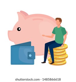 young man with piggy savings character