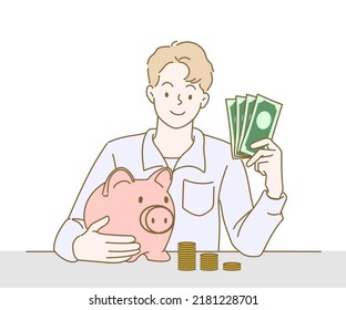 Joven con un banco de cerdo y paquetes de dinero. Ahorra dinero. Dibujado a mano en estilo de línea delgada, ilustraciones vectoriales.