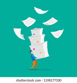 Young man with pile of documents. Information overload background. Vector illustration.