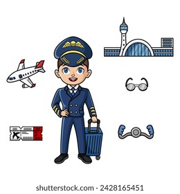 Young man in Pilot or Airline captain uniform with object element of airport items