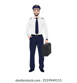 Joven piloto con uniforme de vuelo. Ilustración de personaje de Vector plano