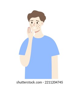 Young Man With Pimple On Face Cheeks. Boy Worrying About Skin Problem. Cosmetic, Skincare, Treatment, Daily Routine, Self-care, Hygiene Concept. Flat Cartoon Vector Design Illustration.