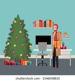 young man with pine tree in the office vector illustration design