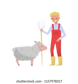 Young man with pitchfork standing next to sheep, male farmer taking care of animal on farm vector Illustration on a white background