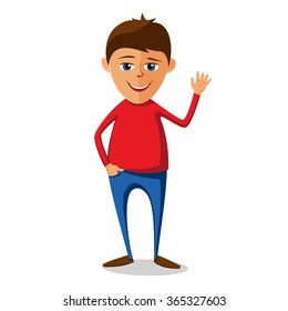 A young man in plain clothes with a raised hand, welcomes you. Caricature. Flat.
White background.