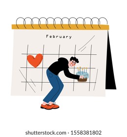 Young Man Planning Important Events on Big Calendar, Time Management and Business Planning Vector Illustration