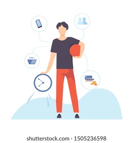 Young Man Planning and Managing His Personal Timetable, Organization and Control of Working Time, Efficient Time Management Business Concept Flat Vector Illustration