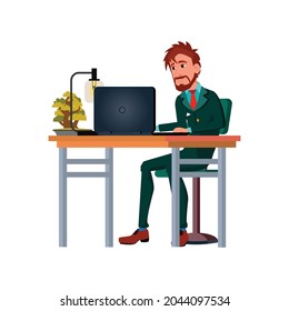 young man planning startup idea on computer cartoon vector. young man planning startup idea on computer character. isolated flat cartoon illustration