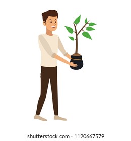 Young man with plant