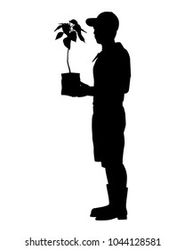 Young man with plant bag silhouette vector
