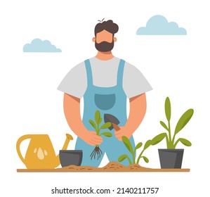 Young man planting and watering plants in the spring garden. Growing and caring for flowers or herbs. Gardening concept. Flat vector illustration.