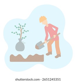 A young man plants a tree. Digging the ground with a shovel. A bush for planting, wrapped in a canvas bag. Color vector illustration. Isolated on white background. Flat style. Digging a garden bed.
