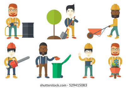 Un hombre joven planta un árbol. Hombre parado con una pala cerca de un árbol recién plantado. Un hombre feliz con carretilla va a plantar una flor. Conjunto de ilustraciones de diseño plano vectorial aisladas en fondo blanco.