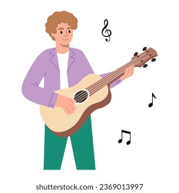 Un joven toca la guitarra acústica. Guitarista, hombre con guitarra, músico. Ilustración para la escuela musical, festivales musicales.