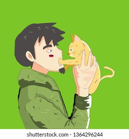 A young man play with cat, wearing green jacket and love cat. This vector is usable 
for background t-shirt design, poster, brochure , sticker goody bag and mug. 
This vector using eps 10.