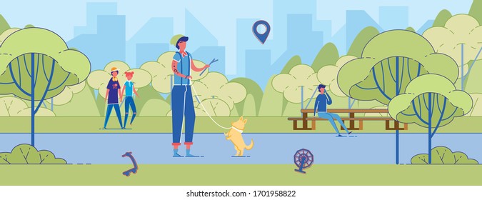 Young Man Play with Corgi in Park. Boy Training Little Dog with Stick Outdoors. Happy Playful Puppy on Leash. Owner Walk Pet in City Park on Summer Day Vector Illustration. Animal Friendship