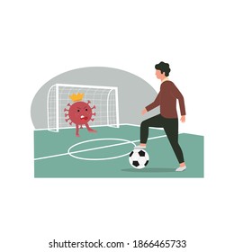 Young man play soccer, football. Cancellation of football events, soccer matches 2020 Coronavirus infection, covid-19. Flat vector illustration, isolated objects. 