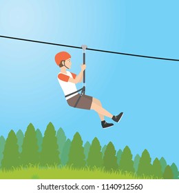 Young Man Play Zip line in Outdoor