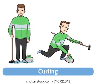 The young man, player in Curling, standing and in motion. Winter sport, active recreation. Vector Illustration, isolated on white background.