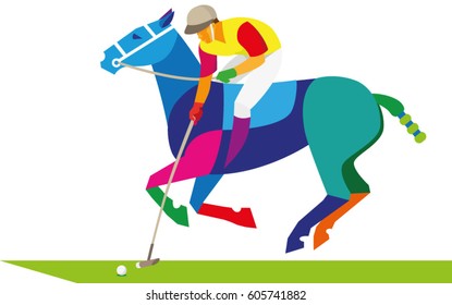 A young man is a player in a horse polo he is hitting the ball by stick