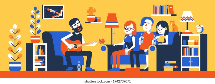 Young man playing acoustic guitar and sing at home. Guitar party with friends. Vector illustration.