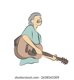 Young man playing acoustic guitar and singing illustration vector hand drawn with black lines isolated on white background.