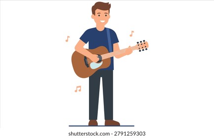 Young man playing acoustic guitar with musical notes isolated on transparent background