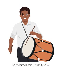 Young man playing a African traditional drum Djembe with drumsticks. Flat vector Character Illustration