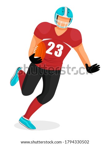 Young man playing alone in american football. Player of red team hold ball in hand. Guy dressed in uniform and helmet. Sportsman isolated on white background. Vector illustration in flat style