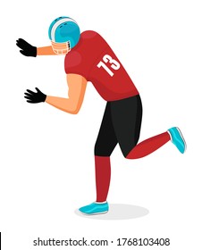 Young man playing american football. Goalkeeper ready to catch ball. Guy dressed in red uniform and protective helmet. Footballer isolated on white background. Vector illustration in flat style