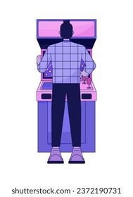 Young man playing arcade flat line color vector character. Leisure. Hobbie. Editable outline full body person on white. Simple cartoon spot illustration for web graphic design