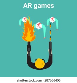 Young man is playing in augmented reality