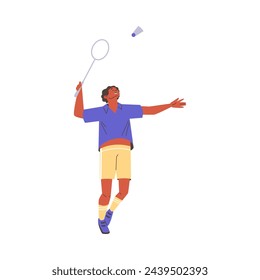Young man playing badminton flat style, vector illustration isolated on white background. Decorative design element, sport and hobby, activity and outdoor leisure