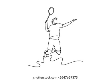 Joven jugando al bádminton. Concepto de actividad física. Diseño de dibujo de línea única. Ilustración gráfica de Vector