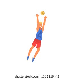 Young Man Playing with Ball, Volleyball Player Professional Sportsman Character Vector Illustration