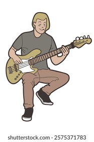 A young man playing bass guitar with joyful expression