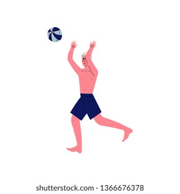 Young Man Playing Beach Volleyball, Guy Relaxing on Beach on Summer Vacations Vector Illustration