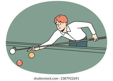 Young man playing billiards. Playful guy have fun enjoy pool with cue. Hobby and entertainment. Vector illustration.