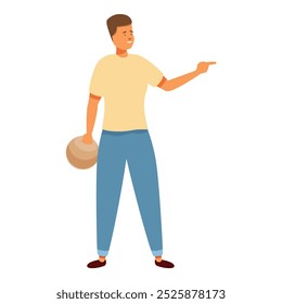 Young man playing bowling holding a ball and pointing with a finger