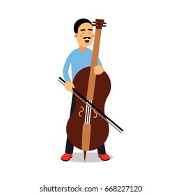 Young man playing cello cartoon character, cellist playing classical music vector Illustration