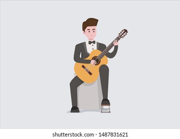 A young man playing classical guitar using foot stool. An illustration of classical guitar concert. talented musician playing his guitar.