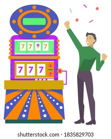Young man playing colorful slot machine. Lucky male gambler taking risks and winning money. Lucky seven, jackpot vector, game of chance, casino vector