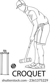 Young Man Playing Croquet - Cartoon Vector Illustration, Man Playing Croquet in the Field - Concept Banner, Intelligent Man Playing Croquet - Wooden Mallet Hit