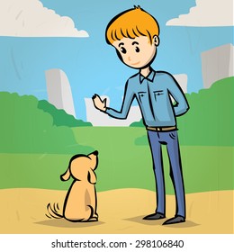 Young man playing with the dog. Hand drawn cartoon vector illustration.
